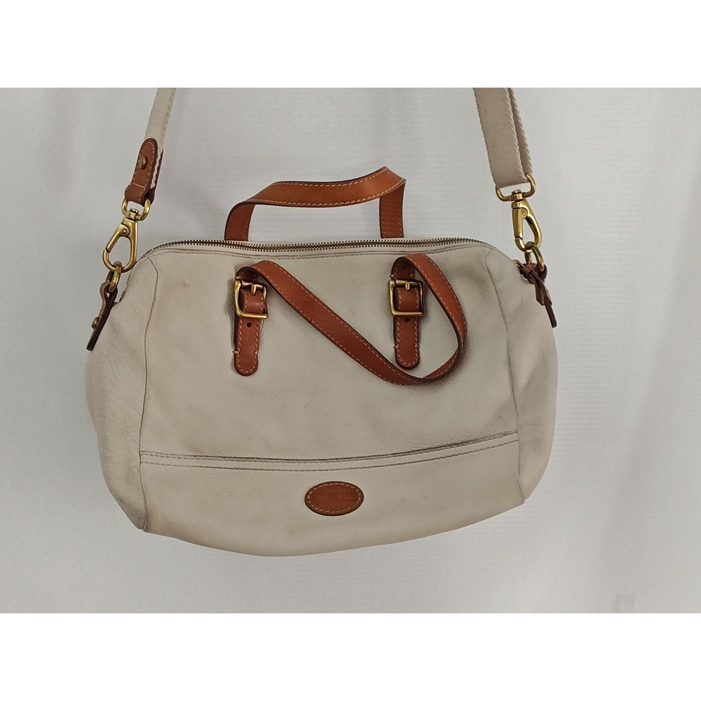 Fossil Women's leather shoulder tote Bag Purse Cream Brown Adjustable‎ Strap